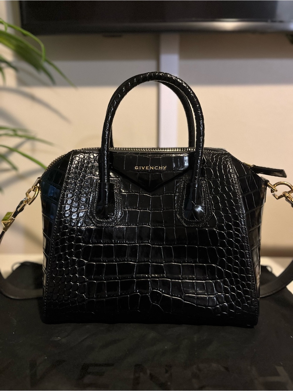 Givenchy Antigona Small Black Croc-Embossed Leather Satchel with Gold Hardware